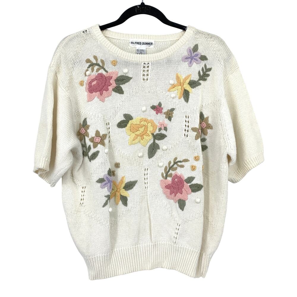 Vintage Short Sleeve Crew Neck Sweater Womens Size XL Cream Floral Embroidery